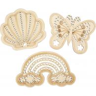 CC Houten Vorm met Gaten Regenboog, Schelp en Vlinder 7,5 x 13 cm 6 stuks - #603003